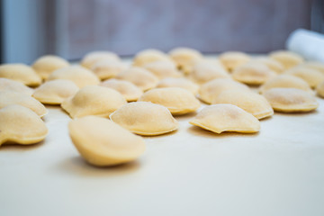 Process of making ravioli, pelmeni or dumplings with meat on woo