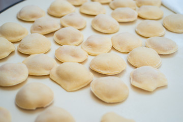 Fototapeta na wymiar Process of making ravioli, pelmeni or dumplings with meat on woo