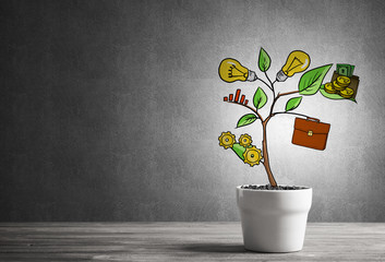 Drawn income tree in white pot for business investment savings and making money