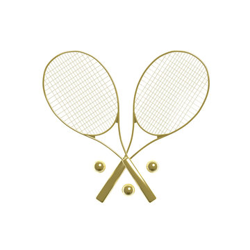 3d illustration two golden tennis rackets with balls
