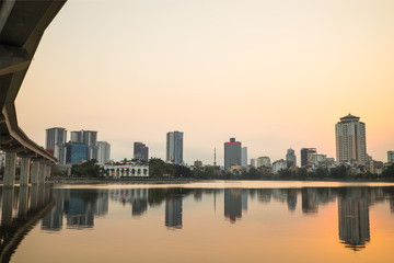 Panorama view of Hanoi cityscape at sunset period. Dong Da lake