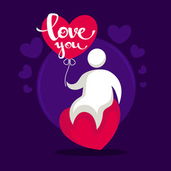 love you, funny man sitting on heart, holding a balloon, happy v