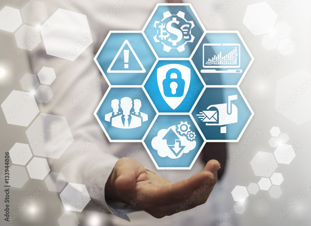 Poster business data protection insurance web computer access concept. security safety of information from 