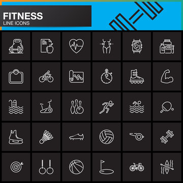 Fitness line icons set, outline vector symbol collection, linear pictogram pack isolated on black, logo illustration