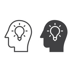 Idea lamp in a head line icon, outline and filled vector sign, linear and full pictogram isolated on white. Symbol,  logo illustration