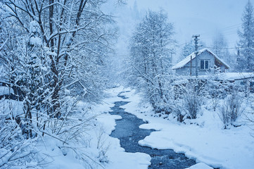 Winter mountain river after the snowfall