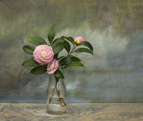 Vintage look Pink Perfection Camellia Flower Still Life Background - 133946679