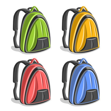 Vector set colorful hiking Backpacks, green simple laptop back bag with handle, yellow school small backbag with pocket, red youth fashion woman backpack for town, blue schoolbag with straps for kids.