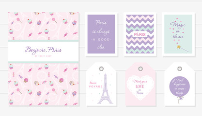 Love in Paris design. Notebook, cards and tags cute templates set. Honey moon, Valentine s, french bakery . Included seamless pattern with Eiffel tower sweets - cupcakes, candies.