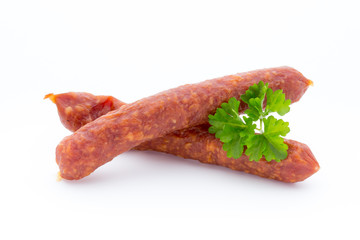 Smoked sausage salami isolated on a white background.