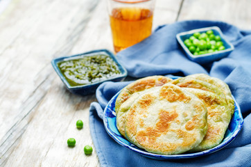Spicy green peas Flatbread. Bengali Matar Kachori. Indian cuisin