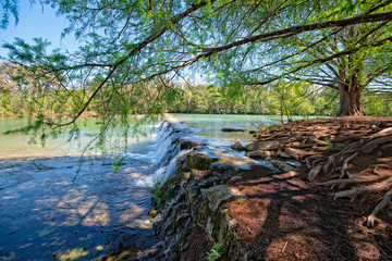 Blanco State Park showing the waterfall and river in the spring
