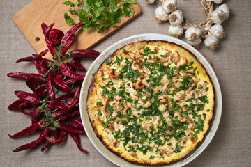 Quiche with chicken, onions, sprinkled  parsley.