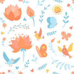 Seamless pattern with doodle cartoon vector floral elements