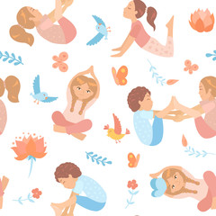 Seamless pattern with cute kids doing yoga exercises with floral elements, birds, lotus. Yoga kids set. Gymnastics for children and healthy lifestyle. Vector illustration.