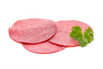 Salami smoked sausage one slice isolated on white background cut