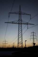 Electric power lines steel tower landscape sunset sunrise dawn silhouette