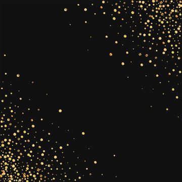 Gold confetti. Scatter cornered border on black background. Vector illustration.