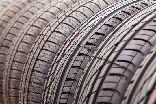 New Car tires in a row. Selective focus.