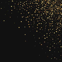 Gold confetti. Scattered top right corner on black background. Vector illustration.