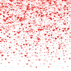 Red hearts confetti. Top gradient on white valentine background. Vector illustration.