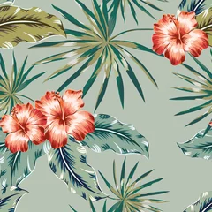 Wall murals Hibiscus Red hibiscus flowers and palm leaves on the khaki background. Tropical vector seamless pattern. 