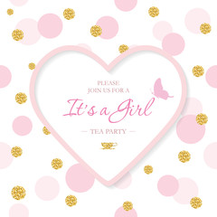 Girl Baby Shower invitation template. Included laser cutout heart shaped frame on seamless polka dot pattern with glitter confetti. Can be used for Valentine s Day or wedding design.