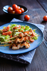 Chicken skewers with zucchini slices and vegetable salad