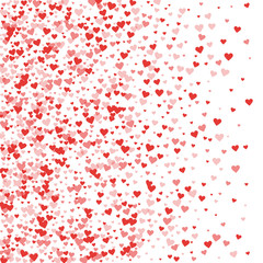 Red hearts confetti. Left gradient on white valentine background. Vector illustration.