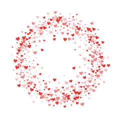 Red hearts confetti. Circle frame on white valentine background. Vector illustration.