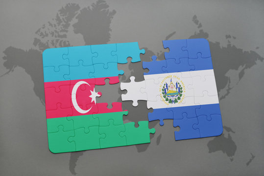 puzzle with the national flag of azerbaijan and el salvador on a world map