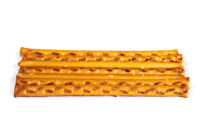 salty cracker pretzel sticks isolated on white background