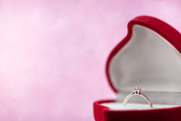 wedding diamond ring in  red heart shaped gift box