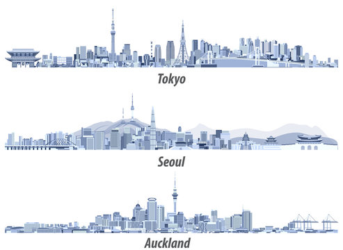 Tokyo, Seoul, Sydney and Auckland skylines in soft blue color palettes vector illustrations