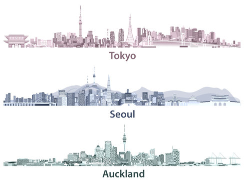 Tokyo, Seoul, Sydney and Auckland skylines in different color palettes