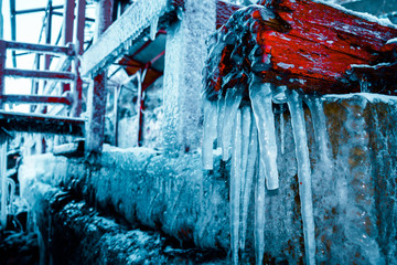 Abstract winter landscape with red and icicles - obrazy, fototapety, plakaty