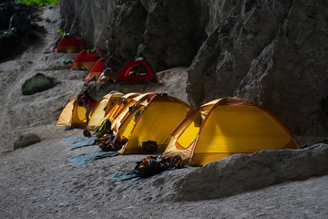 Tents in Hang Son Doong cave, the largest cave in the world by passage volume in Quang Binh...
