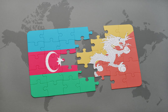 puzzle with the national flag of azerbaijan and bhutan on a world map