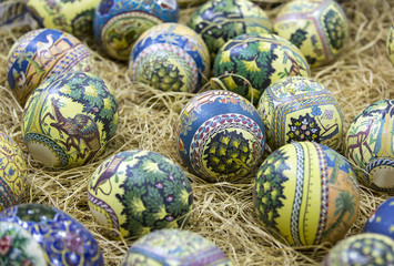 Traditional Arabic folk paintings on ostrich eggs on the eastern market