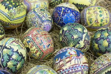 Traditional Arabic folk paintings on ostrich eggs on the eastern market