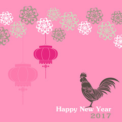 Happy Chinese new year 2017 of red rooster with lantern and flowers