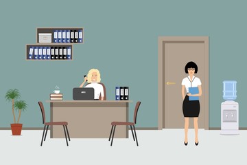 Web banner of an office workers. The young women are an employees at work. There is a beige furniture, brown chairs, shelves with folders, a water cooler in the picture. Vector illustration