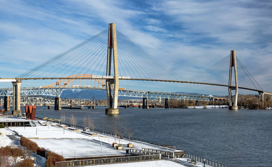 Sky Train Bridge, Pattullo Bridge and Railroad Track over the Fraser River between New Westminster and Surrey British Columbia