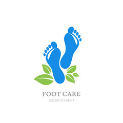 Fototapeta na wymiar Womens foot care vector logo, label design. Female sole and green leaves. Concept for beauty salon, pedicure cosmetics, organic body care.