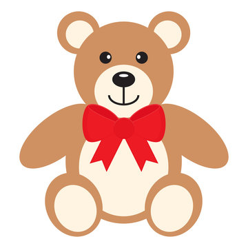 Flat icon teddy bear with red bow isolated on white background. Vector illustration.