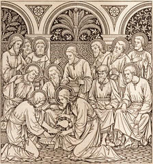Fototapeta na wymiar BRATISLAVA, SLOVAKIA, NOVEMBER - 21, 2016: The lithography of Last Supper in Missale Romanum by unknown artist with the initials F.M.S (1890) and printed by Typis Friderici Pustet.
