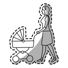 woman with baby carriage cartoon icon over white background. vector illustration