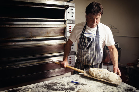 Baker holding bread on spatula in kitchen