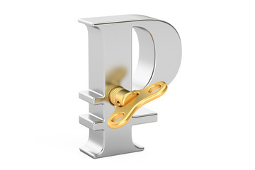 Steel Ruble symbol with wind-up key, 3D rendering