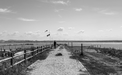 Obraz premium Black and white view of man walking on a pier in beautiful lagoon in Puglia (Italy)